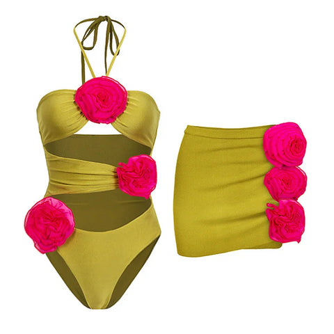 Floral Hollowed One-piece Swimwear&Skirt 2Pcs