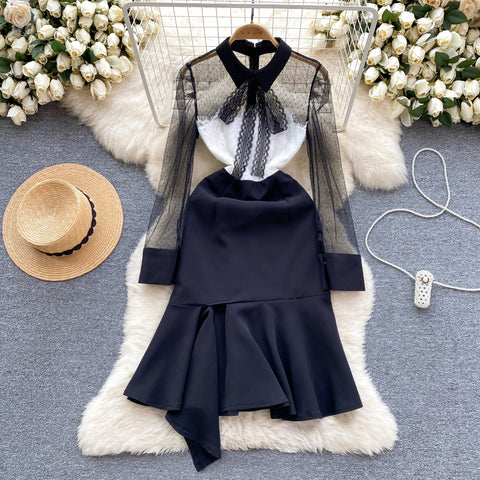Lace Patchwork Bow-tie Black Dress