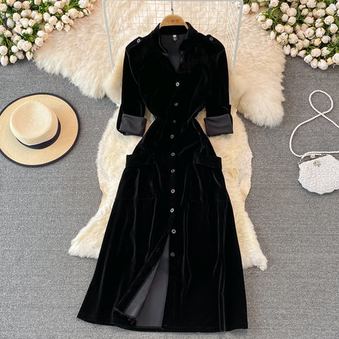 French Style Single-breasted Black Dress