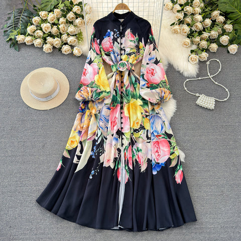 Courtly Single-breasted Floral Shirt Dress