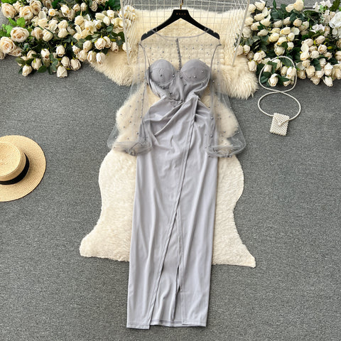 Beaded Mesh Puffy Sleeve Dress
