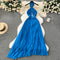 Asymmetric Pleated Blue Halter Dress