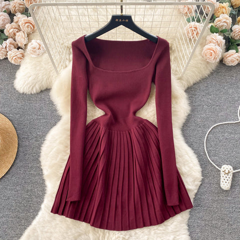 French Style Square Collar Knitted Dress