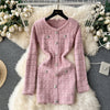 Metal Buttons Tweed Knitted Dress