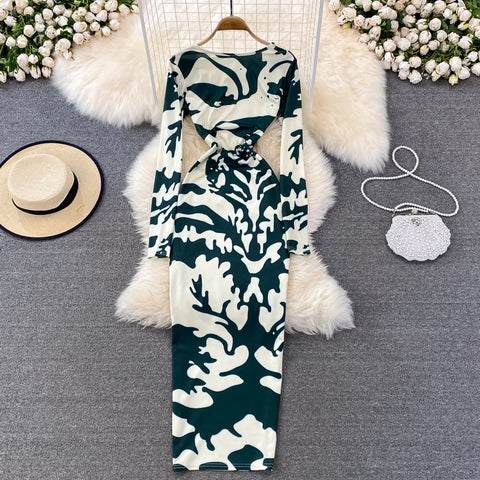 Backless Stretchy Long-sleeve Printed Dress