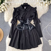 PU Girdle Ruffled Black Shirt Dress
