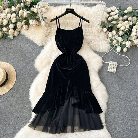 Suede Mesh Patchwork Fishtail Slip Dress