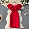 Ruffled Sleeve Solid Color Straight Dress