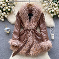 Vintage Fur-collar Lace-up Leather Coat