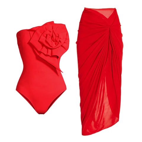 Solid Color Off-shoulder Swimwear&Knotted Skirt