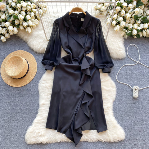 Suit Collar Ruffled Black Dress