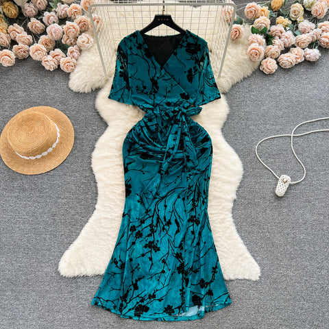 Elegant Lace-up Printed Fishtail Dress