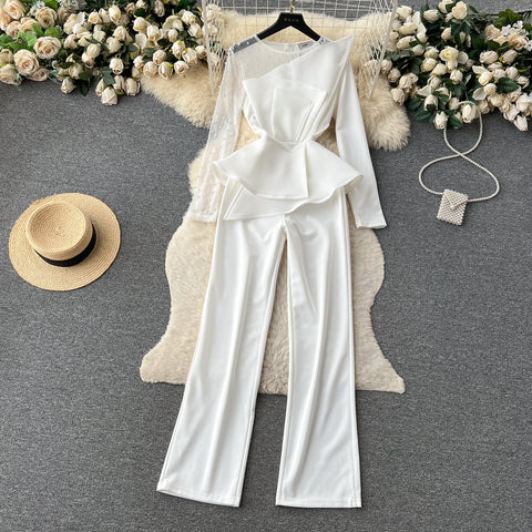 Mesh Blouse&Draped Trousers 2Pcs
