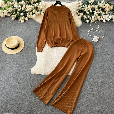 Sweater&Draped Trousers Solid Color 2Pcs