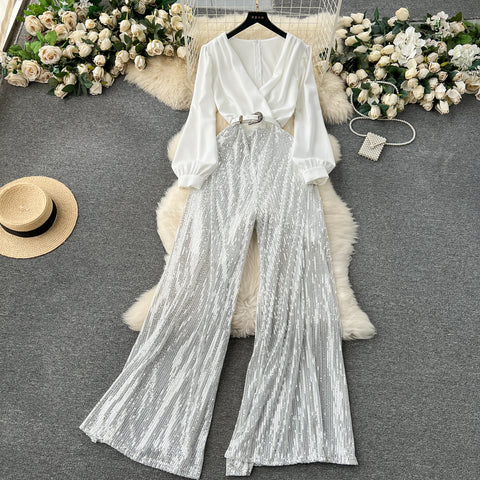 Elegant V-neck Sequined Patchwork Jumpsuit