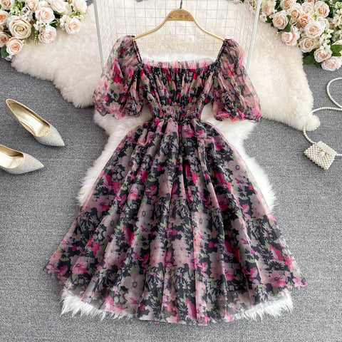 Vintage Square Collar Floral Puffy Dress