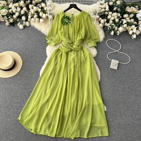 Puff Sleeves Twisted Floral Chiffon Dress