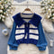 Zipped Lapel Striped Puffy Sleeve Knitwear