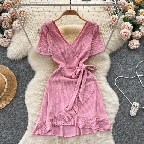 Sweetie V-neck Lace-up Ruffled Dress
