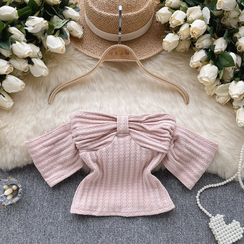 Off-shoulder Bow-tie Pleated Top