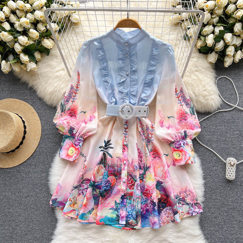 Colorful Floral Ruffle Shirt Dress