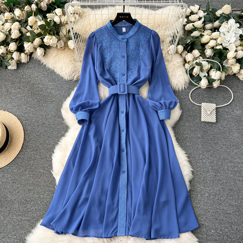 Vintage Stand Collar Embroidery Chiffon Dress
