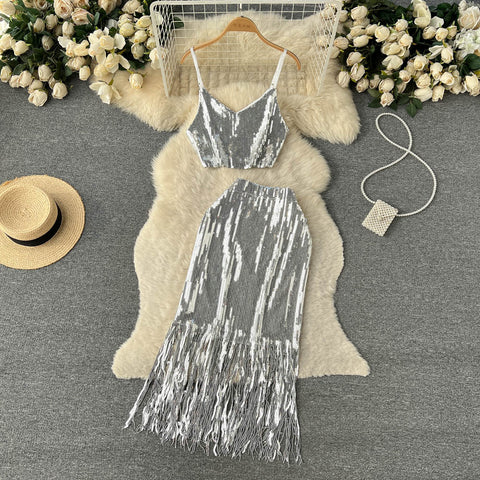 Camisole&Tassel Skirt Sequin 2Pcs Set
