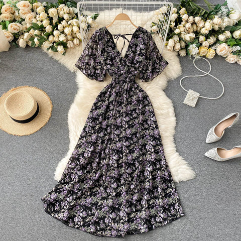 V-neck Slim Chiffon Floral Dress