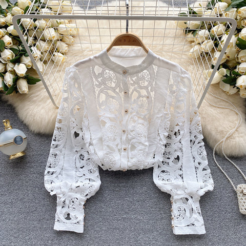 Courtly Hollowed Crochet Lace Shirt