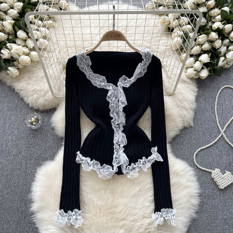 Lace Patchwork Slim-fitting Bottoming Knitwear