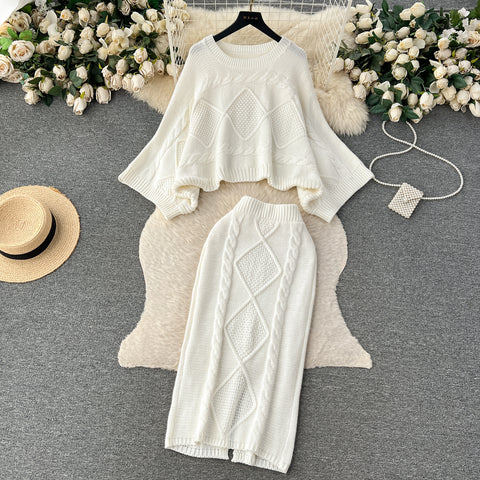 Cable Sweater&Half-body Skirt 2Pcs