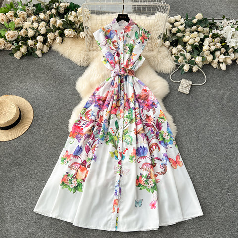 French Style Floral Sleeveless Shirt Dress