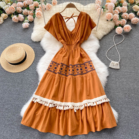 Ethnic Style Embroidered Tassel Dress