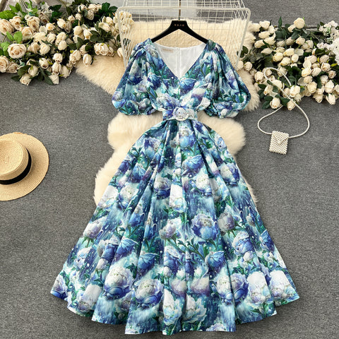 Courtly Puffy Sleeve Floral Dress