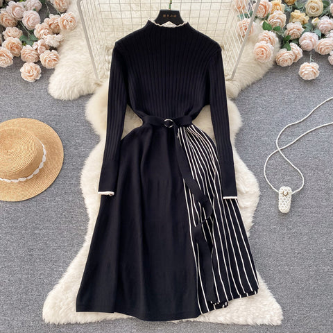 Thermal Striped Knitted Dress with Belt
