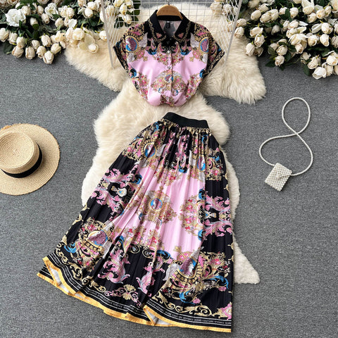Ethnic Style Printed Top&Skirt 2Pcs