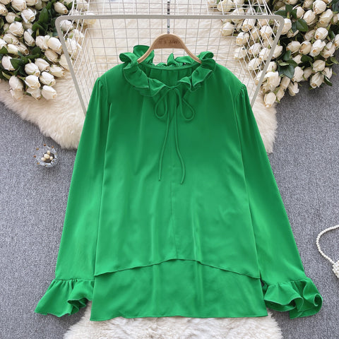 Solid Color Loose-fitting Ruffled Shirt