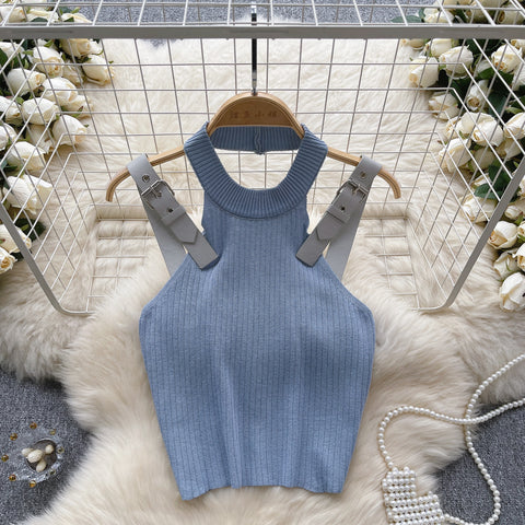 Patchwork Strap Backless Knitted Camisole