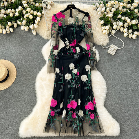 Delicate Flower Embroidered Mesh Dress