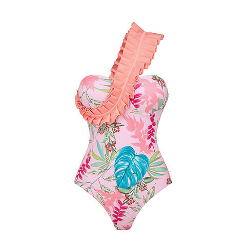 Pink Floral One-piece Swimwear&Pleated Skirt