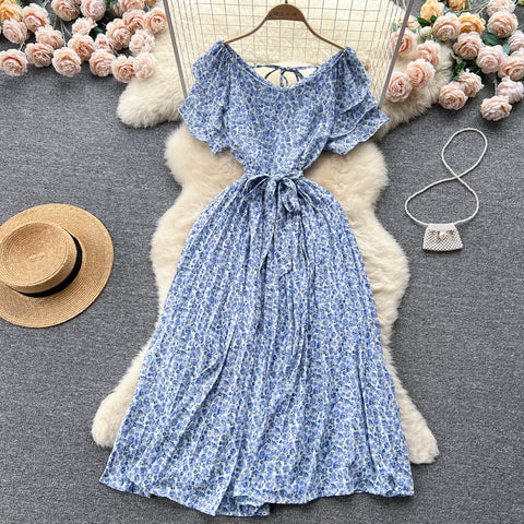 Fairy Pleated Lace-up Floral Dress