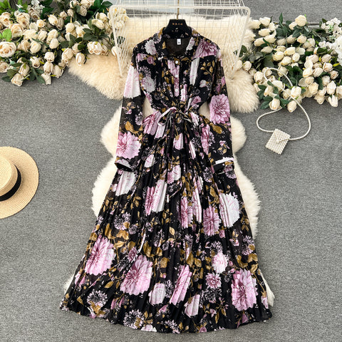 French Style Floral Chiffon Shirt Dress
