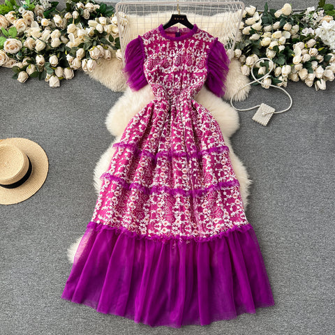 Lace Patchwork Mesh Floral Puffy Dress