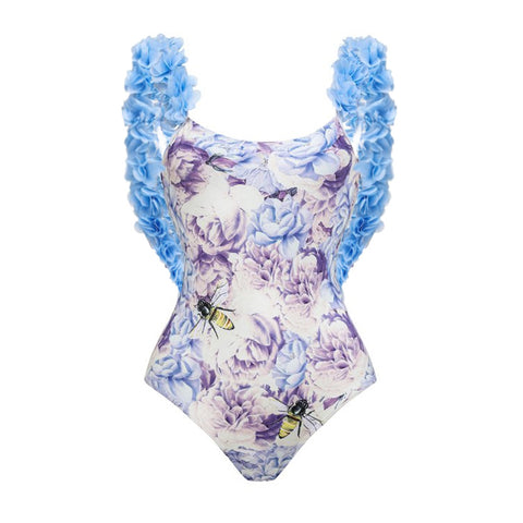 Floral&Bee Printed One-piece Swimwear&Skirt