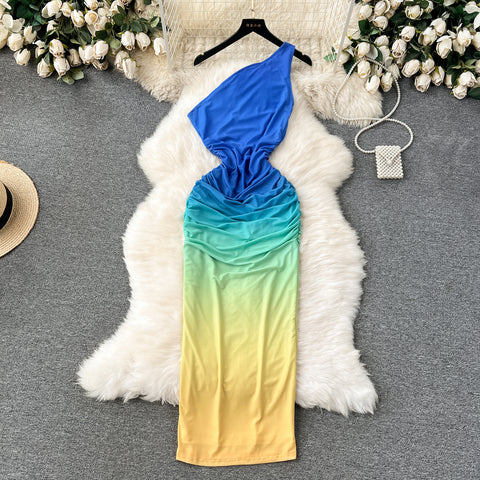 Gradient Color One-shoulder Dress