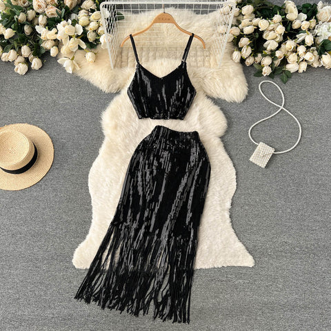 Camisole&Tassel Skirt Sequin 2Pcs Set