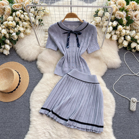 Doll-collar Knitwear&Pleated Skirt 2Pcs