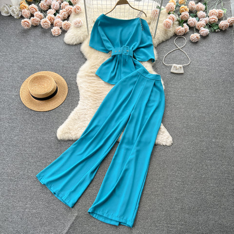 One-shoulder Top&Wide-legged Trousers 2Pcs