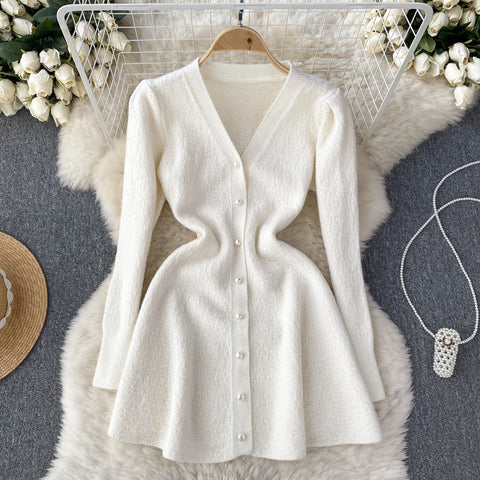 French Style V-neck Knitted Dress