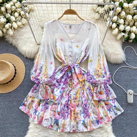 Puffy Sleeve V-neck Floral Chiffon Dress